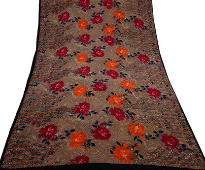 Indian Vintage Sari Brown Pure Crepe Silk Printed Saree 5yd Sewing Floral Soft Craft Fabric Wrap Dress Making For Crafting Quilting Upcycle