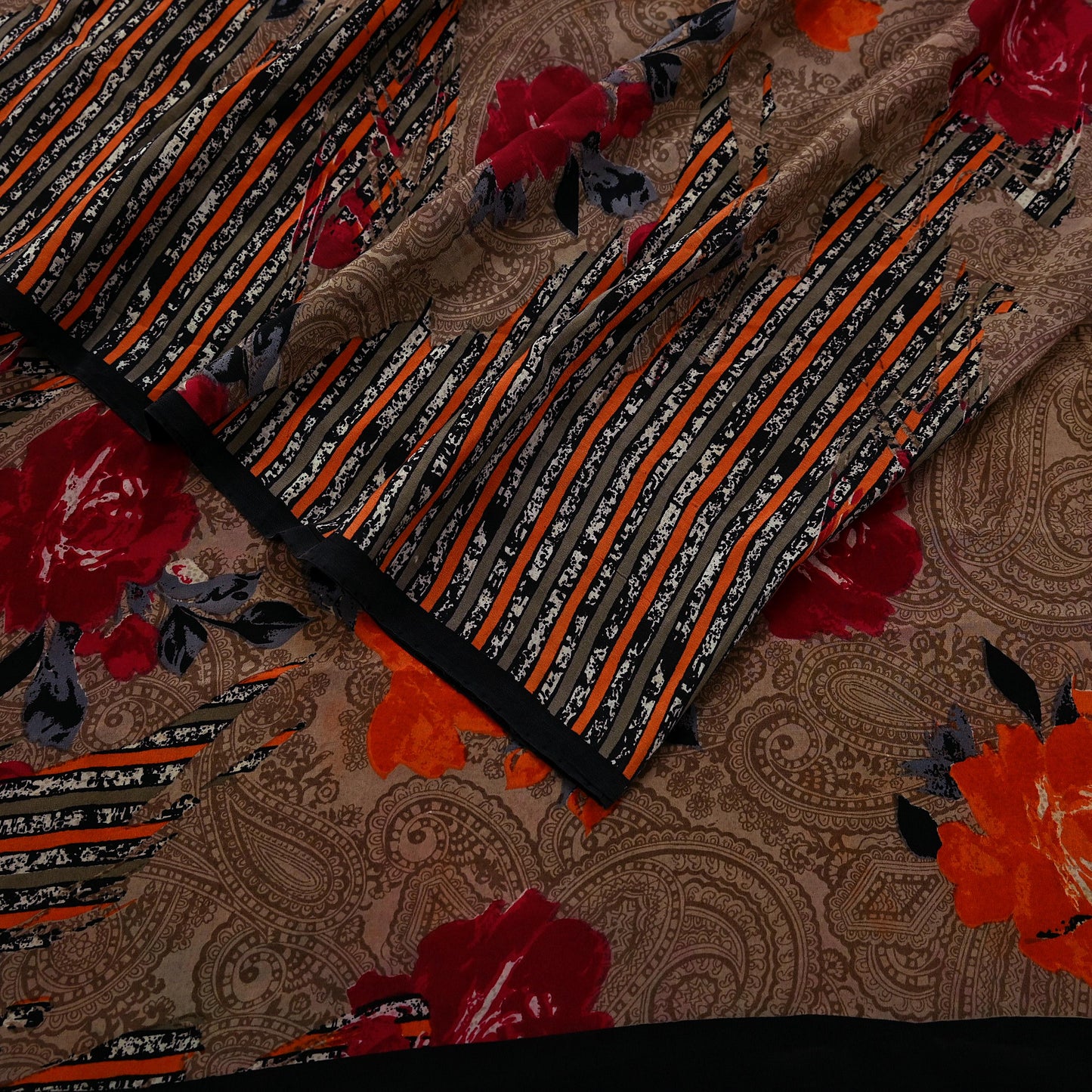 Indian Vintage Sari Brown Pure Crepe Silk Printed Saree 5yd Sewing Floral Soft Craft Fabric Wrap Dress Making For Crafting Quilting Upcycle