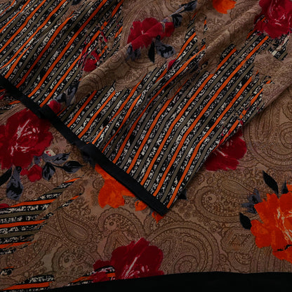 Indian Vintage Sari Brown Pure Crepe Silk Printed Saree 5yd Sewing Floral Soft Craft Fabric Wrap Dress Making For Crafting Quilting Upcycle