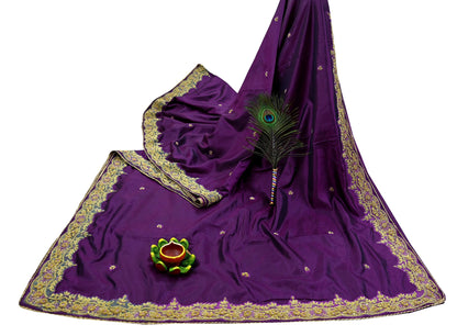 Indian Vintage Heavy Sarees Purple Pure Silk Hand Embroidered Sari Fabric 5Yd Sewing Ethnic Zardozi/dabka zari Wedding sarees