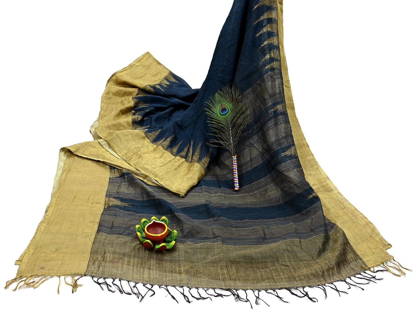 Indian Vintage Deep Blue Saree Pure Khadi Silk Handloom Woven Zari Sari Craft Fabric 5yd Ethnic Wear Border Dress making Upcycle Fringes