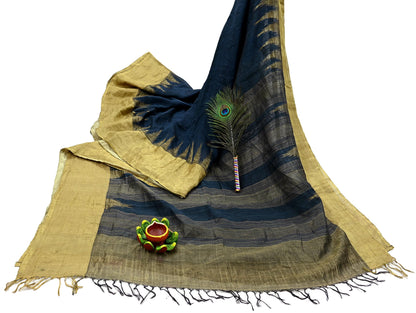 Indian Vintage Deep Blue Saree Pure Khadi Silk Handloom Woven Zari Sari Craft Fabric 5yd Ethnic Wear Border Dress making Upcycle Fringes