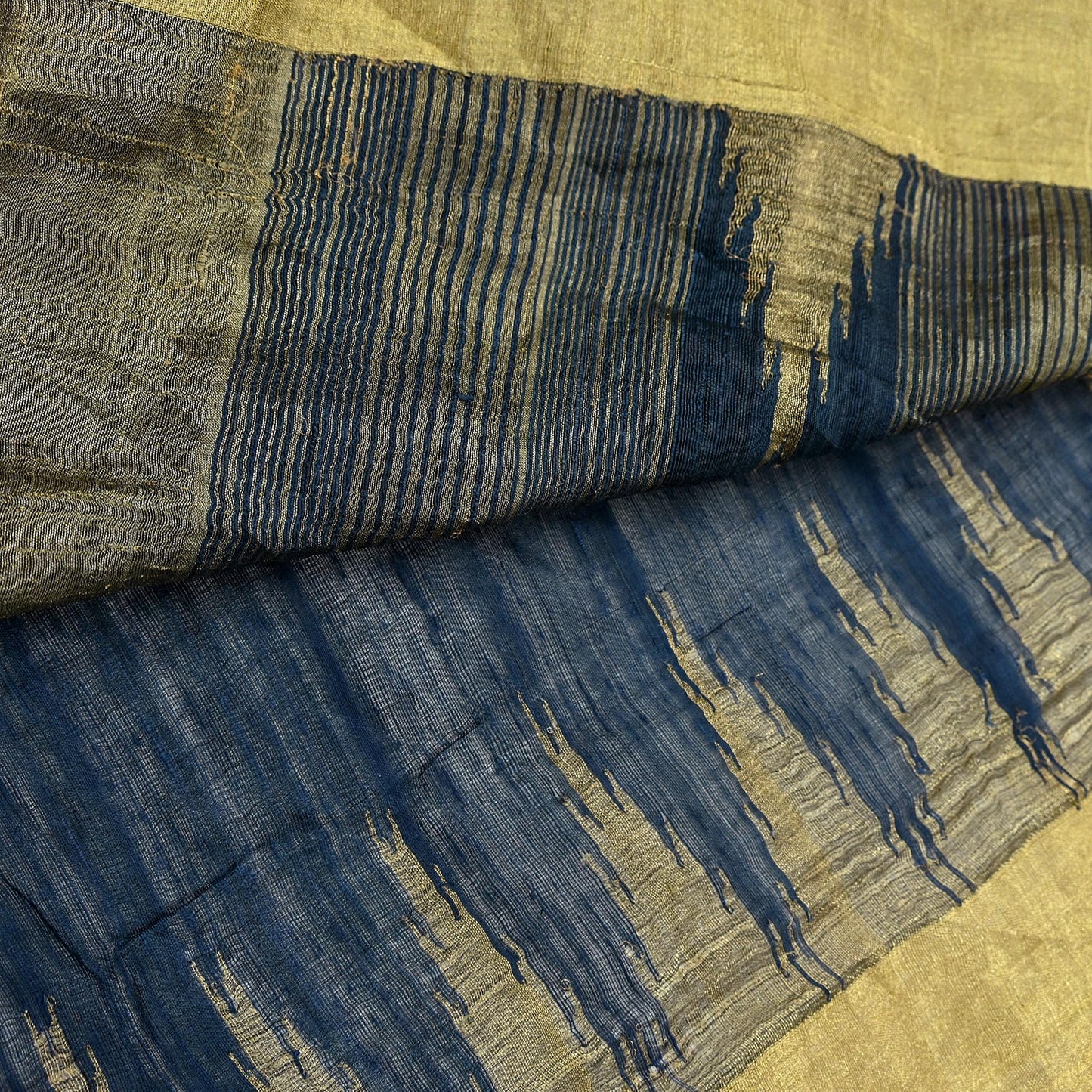 Indian Vintage Deep Blue Saree Pure Khadi Silk Handloom Woven Zari Sari Craft Fabric 5yd Ethnic Wear Border Dress making Upcycle Fringes