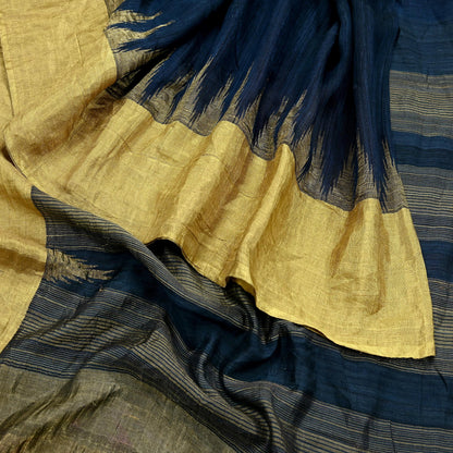 Indian Vintage Deep Blue Saree Pure Khadi Silk Handloom Woven Zari Sari Craft Fabric 5yd Ethnic Wear Border Dress making Upcycle Fringes