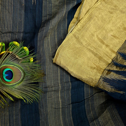 Indian Vintage Deep Blue Saree Pure Khadi Silk Handloom Woven Zari Sari Craft Fabric 5yd Ethnic Wear Border Dress making Upcycle Fringes