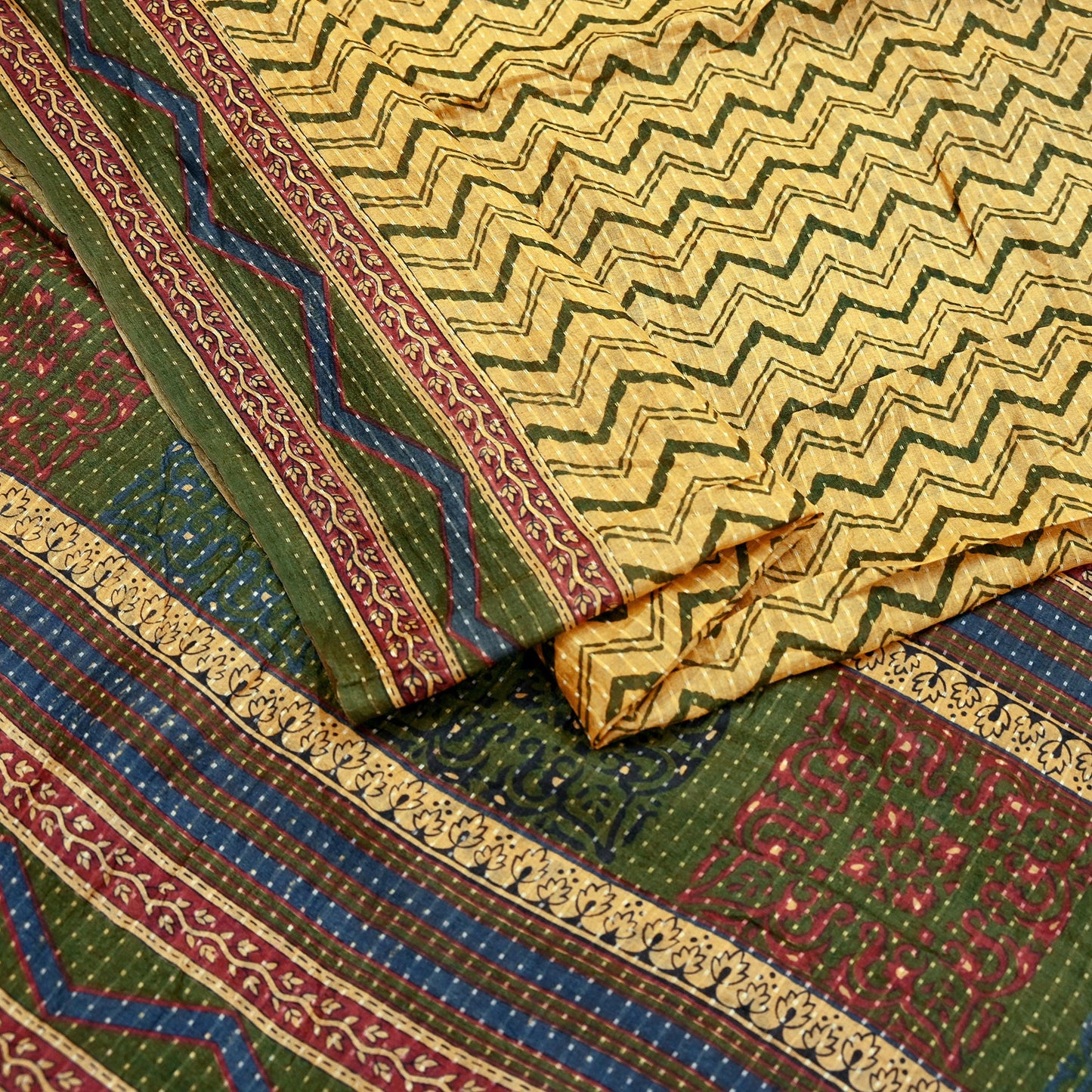 Indian Vintage Heavy Sari Beige & Green Pure Khadi Silk Handloom Saree Craft Fabric 5yd Ethnic Wear Dress making For Crafting Quilting