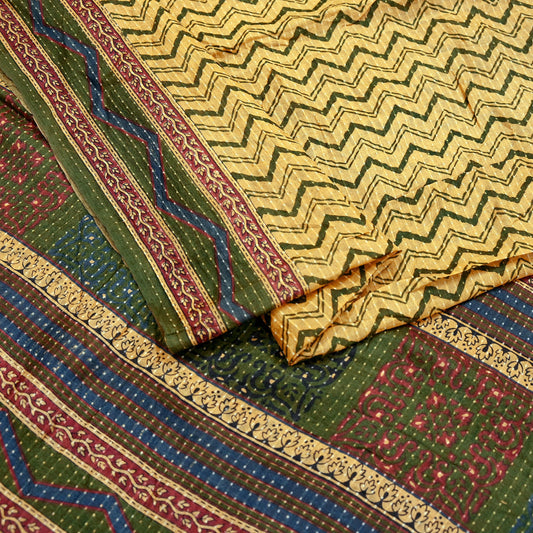 Indian Vintage Heavy Sari Beige & Green Pure Khadi Silk Handloom Saree Craft Fabric 5yd Ethnic Wear Dress making For Crafting Quilting