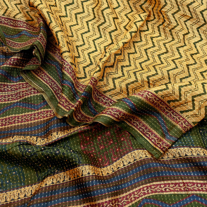 Indian Vintage Heavy Sari Beige & Green Pure Khadi Silk Handloom Saree Craft Fabric 5yd Ethnic Wear Dress making For Crafting Quilting