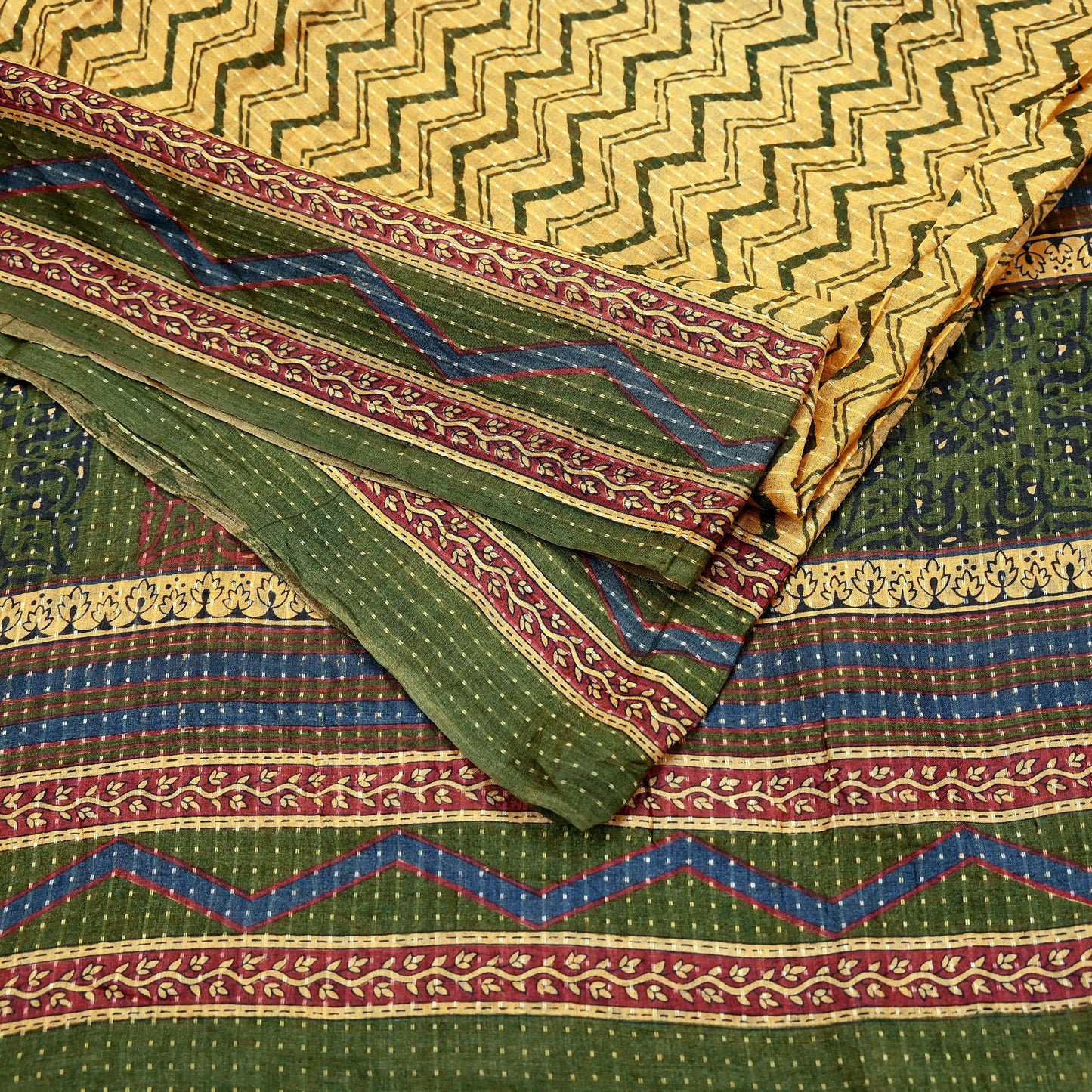 Indian Vintage Heavy Sari Beige & Green Pure Khadi Silk Handloom Saree Craft Fabric 5yd Ethnic Wear Dress making For Crafting Quilting