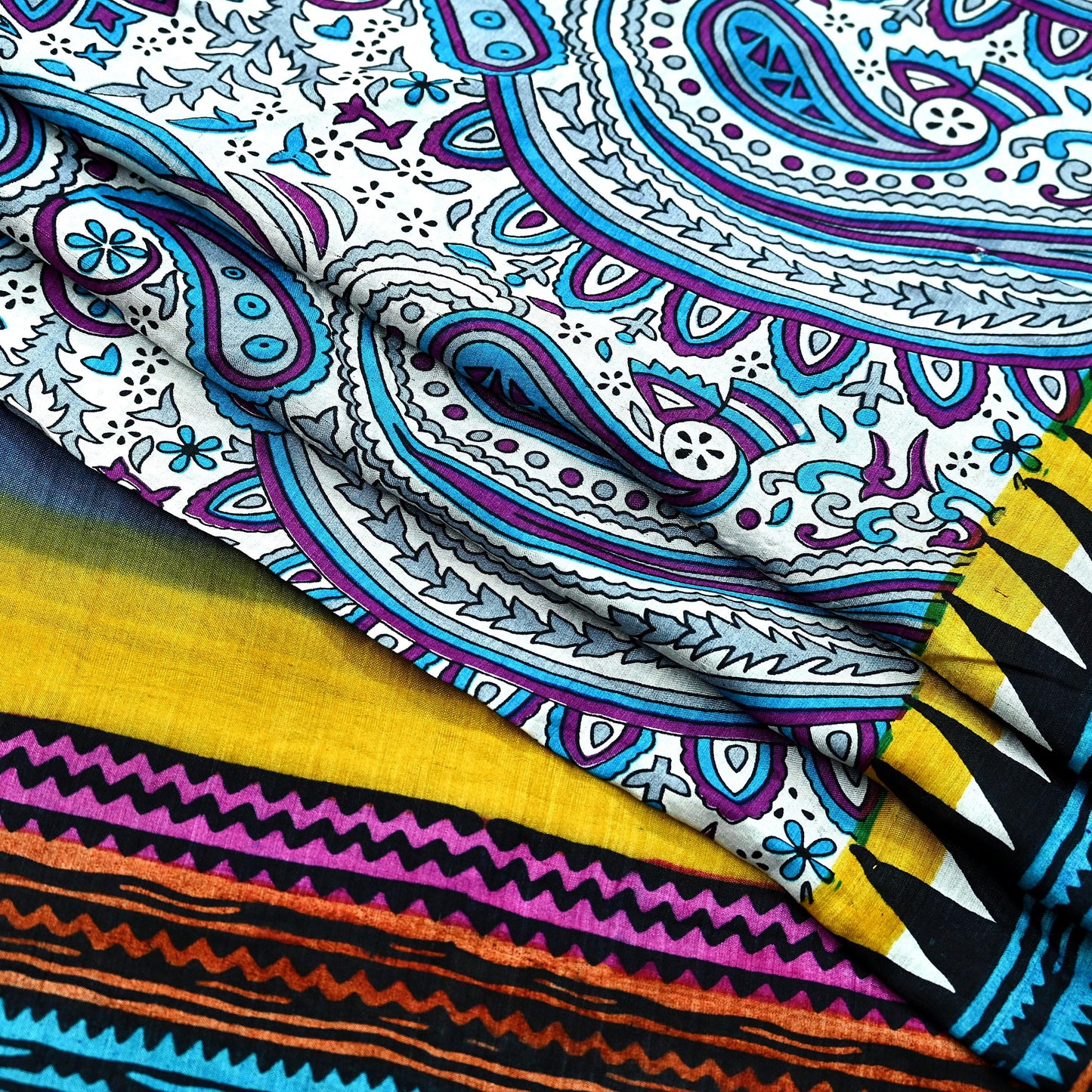 Indian Vintage White Saree Pure Khadi Silk Handloom Printed Sari Fabric 5yd Ethnic Wear Sari Stripes Geometric Designs Dress making Crafting