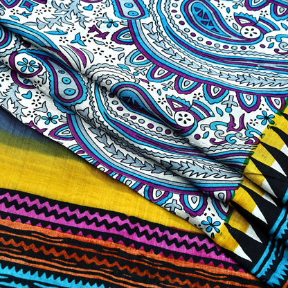 Indian Vintage White Saree Pure Khadi Silk Handloom Printed Sari Fabric 5yd Ethnic Wear Sari Stripes Geometric Designs Dress making Crafting