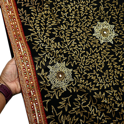 Indian Vintage Heavy Sari Black Pure Georgette Silk Hand Beaded Sarees Fabric 5Yd Sewing Soft Ethnic Glass Beaded Dress Making Silk sarees
