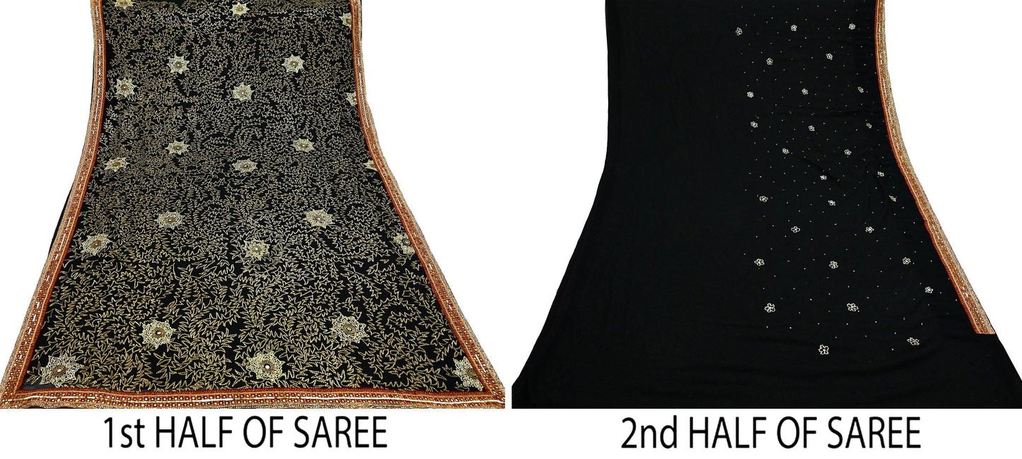 Indian Vintage Heavy Sari Black Pure Georgette Silk Hand Beaded Sarees Fabric 5Yd Sewing Soft Ethnic Glass Beaded Dress Making Silk sarees