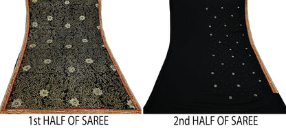 Indian Vintage Heavy Sari Black Pure Georgette Silk Hand Beaded Sarees Fabric 5Yd Sewing Soft Ethnic Glass Beaded Dress Making Silk sarees