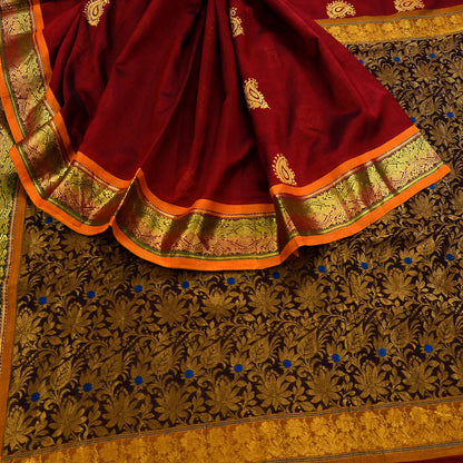 Indian Vintage Heavy Maroon & Brown Kanjivaram Saree 100% Pure Silk Sari Zari 5Yd Floral Crafting Dress making Crafting Quilting
