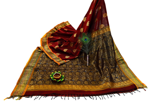 Indian Vintage Heavy Maroon & Brown Kanjivaram Saree 100% Pure Silk Sari Zari 5Yd Floral Crafting Dress making Crafting Quilting
