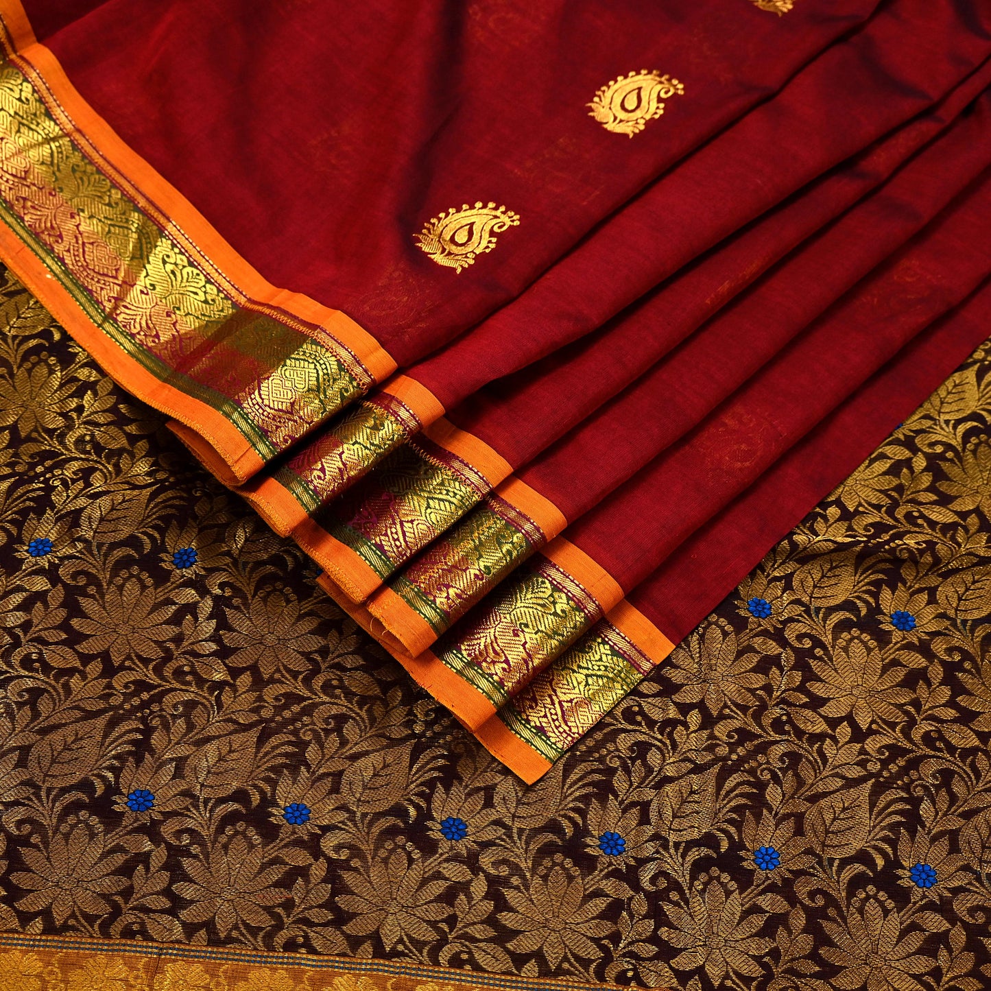 Indian Vintage Heavy Maroon & Brown Kanjivaram Saree 100% Pure Silk Sari Zari 5Yd Floral Crafting Dress making Crafting Quilting