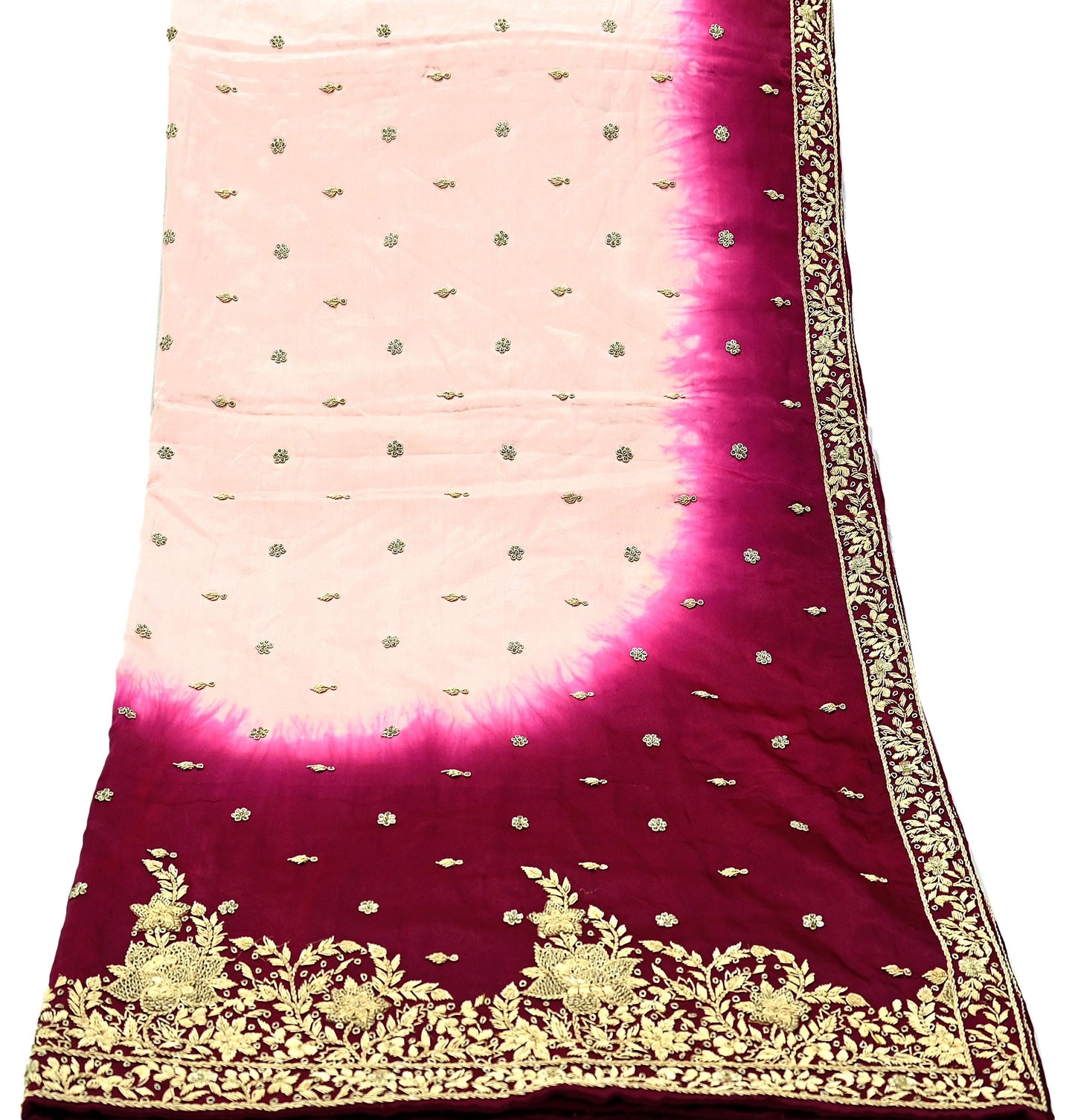 Indian Vintage Heavy Wedding Peach & Maroon Dupatta Pure Satin Silk Long Stole Hand Embroidered Scarves Golden Zardozi Veil
