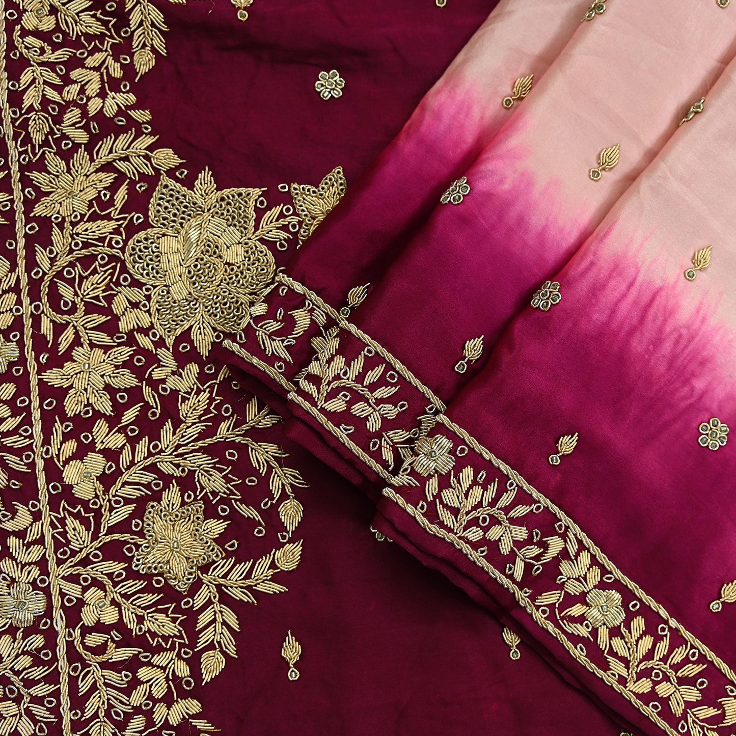 Indian Vintage Heavy Wedding Peach & Maroon Dupatta Pure Satin Silk Long Stole Hand Embroidered Scarves Golden Zardozi Veil