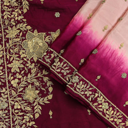 Indian Vintage Heavy Wedding Peach & Maroon Dupatta Pure Satin Silk Long Stole Hand Embroidered Scarves Golden Zardozi Veil