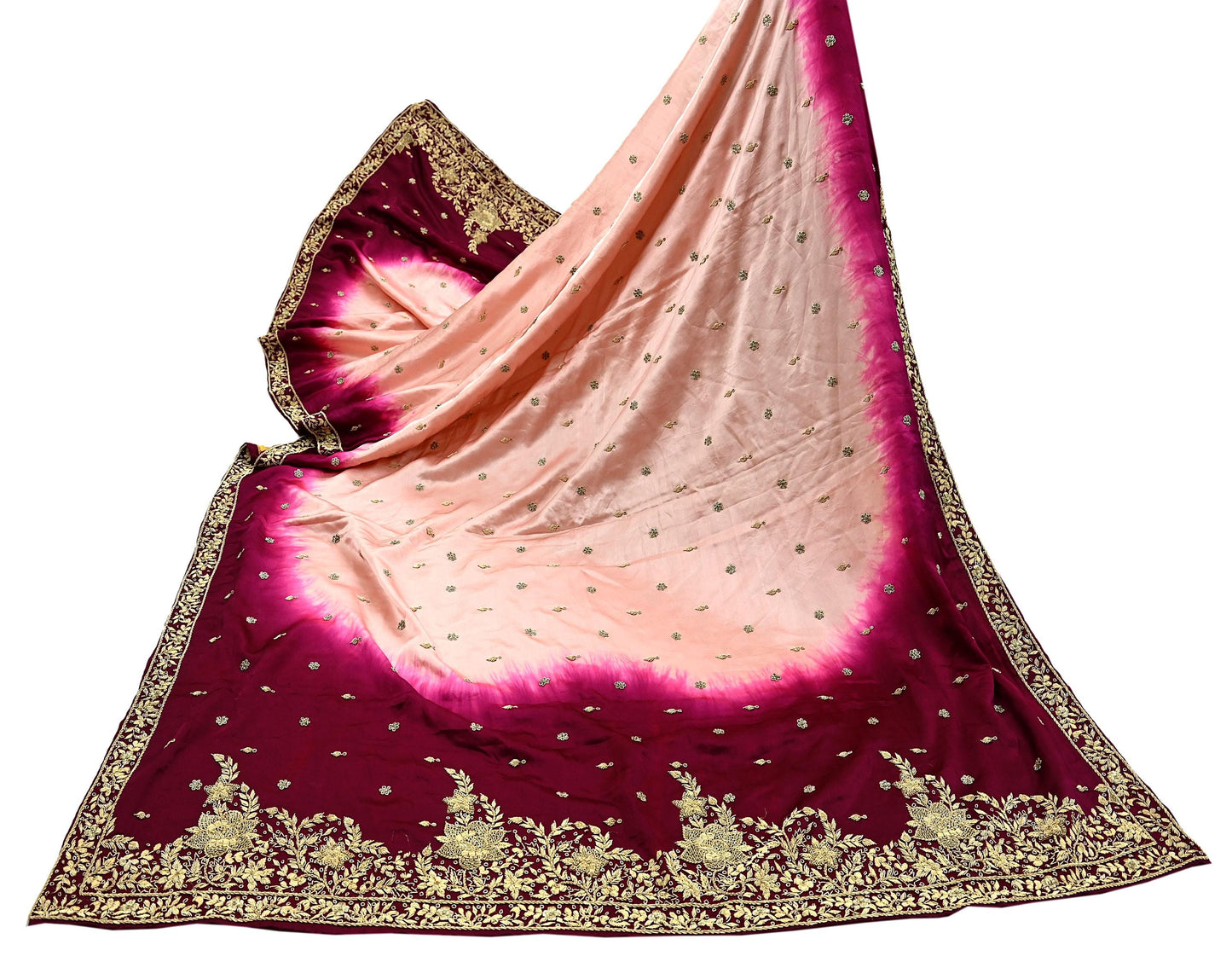 Indian Vintage Heavy Wedding Peach & Maroon Dupatta Pure Satin Silk Long Stole Hand Embroidered Scarves Golden Zardozi Veil
