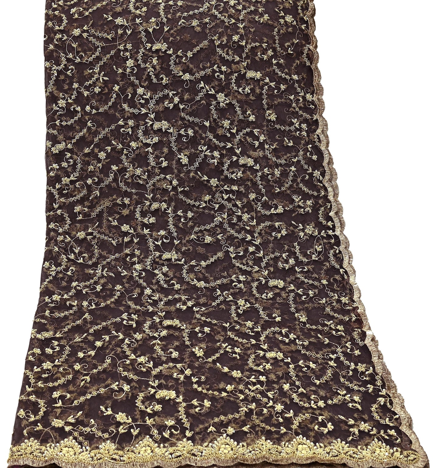Indian Vintage Heavy Brown Dupatta Net Mesh Long Stole Hand Embroidered Scarf Zardozi Zari Sequins Stole Bridal Veil