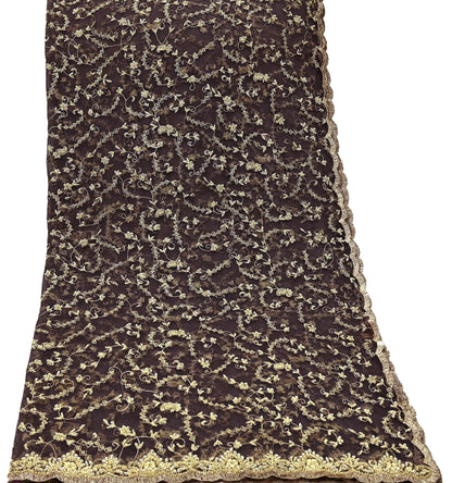 Indian Vintage Heavy Brown Dupatta Net Mesh Long Stole Hand Embroidered Scarf Zardozi Zari Sequins Stole Bridal Veil