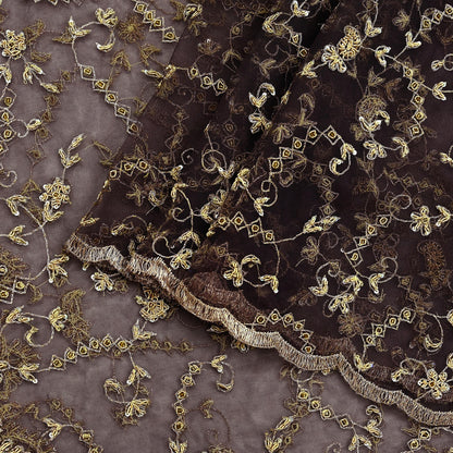 Indian Vintage Heavy Brown Dupatta Net Mesh Long Stole Hand Embroidered Scarf Zardozi Zari Sequins Stole Bridal Veil