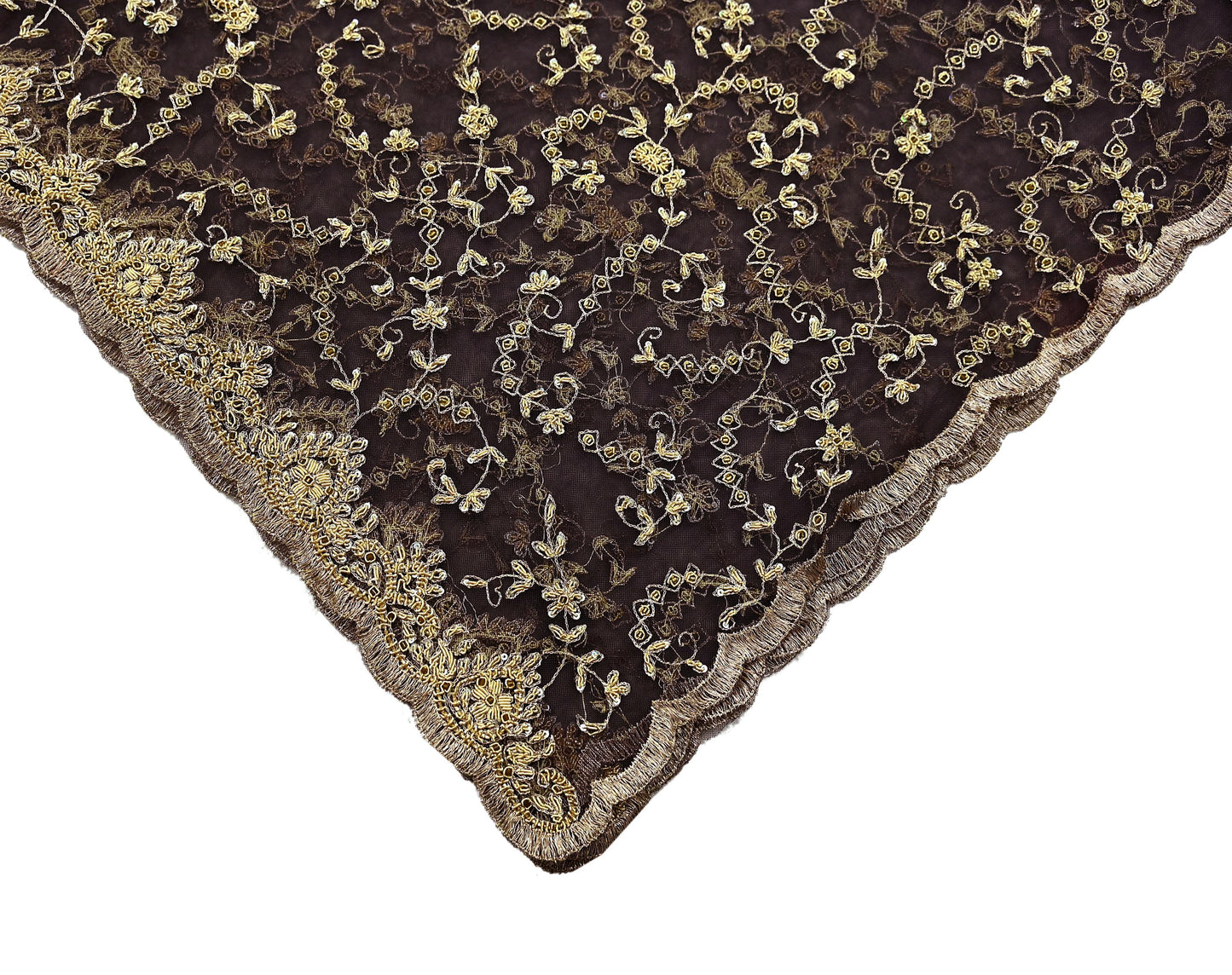 Indian Vintage Heavy Brown Dupatta Net Mesh Long Stole Hand Embroidered Scarf Zardozi Zari Sequins Stole Bridal Veil