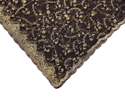 Indian Vintage Heavy Brown Dupatta Net Mesh Long Stole Hand Embroidered Scarf Zardozi Zari Sequins Stole Bridal Veil