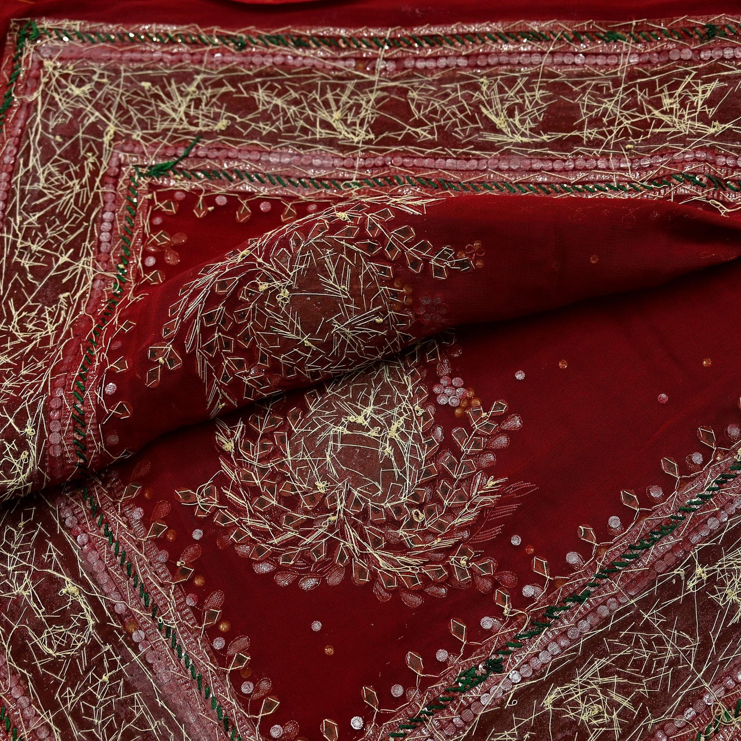 Indian Vintage Heavy Dark Red Dupatta Blend Georgette Long Stole Hand Embroidered Gota Patti Scarves Zardozi Wedding Bridal Veil