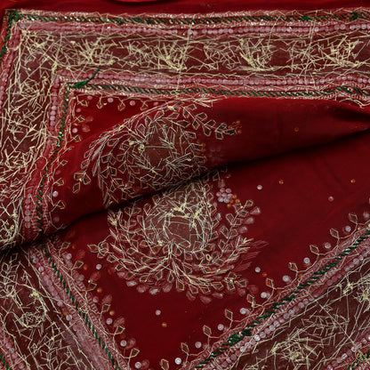 Indian Vintage Heavy Dark Red Dupatta Blend Georgette Long Stole Hand Embroidered Gota Patti Scarves Zardozi Wedding Bridal Veil