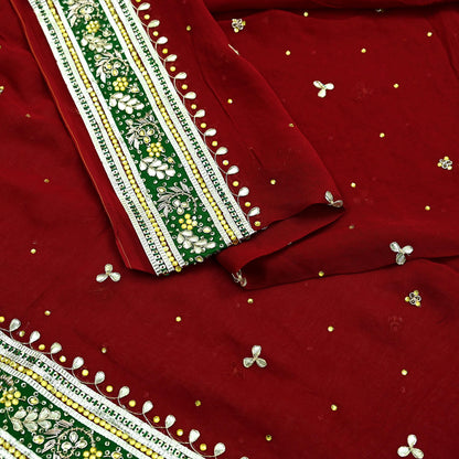 Indian Vintage Heavy Dark Red Dupatta Blend Georgette Long Stole Hand Embroidered Gota Patti Scarves Zardozi Wedding Bridal Veil