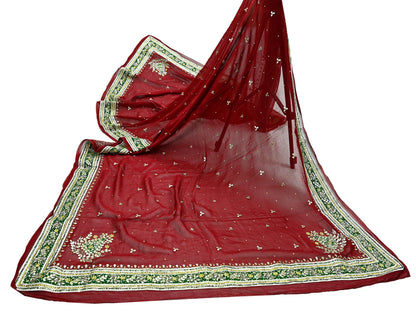 Indian Vintage Heavy Dark Red Dupatta Blend Georgette Long Stole Hand Embroidered Gota Patti Scarves Zardozi Wedding Bridal Veil