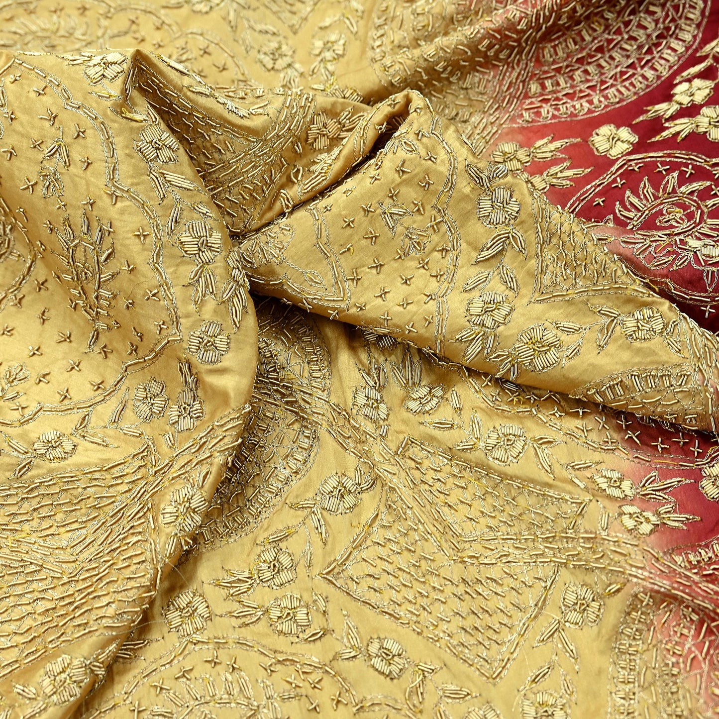 Indian Vintage Heavy Wedding Beige & Red Dupatta Pure Satin Silk Long Stole Hand Embroidered Scarves Golden Zardozi Veil
