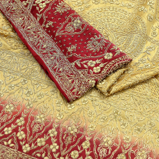 Indian Vintage Heavy Wedding Beige & Red Dupatta Pure Satin Silk Long Stole Hand Embroidered Scarves Golden Zardozi Veil