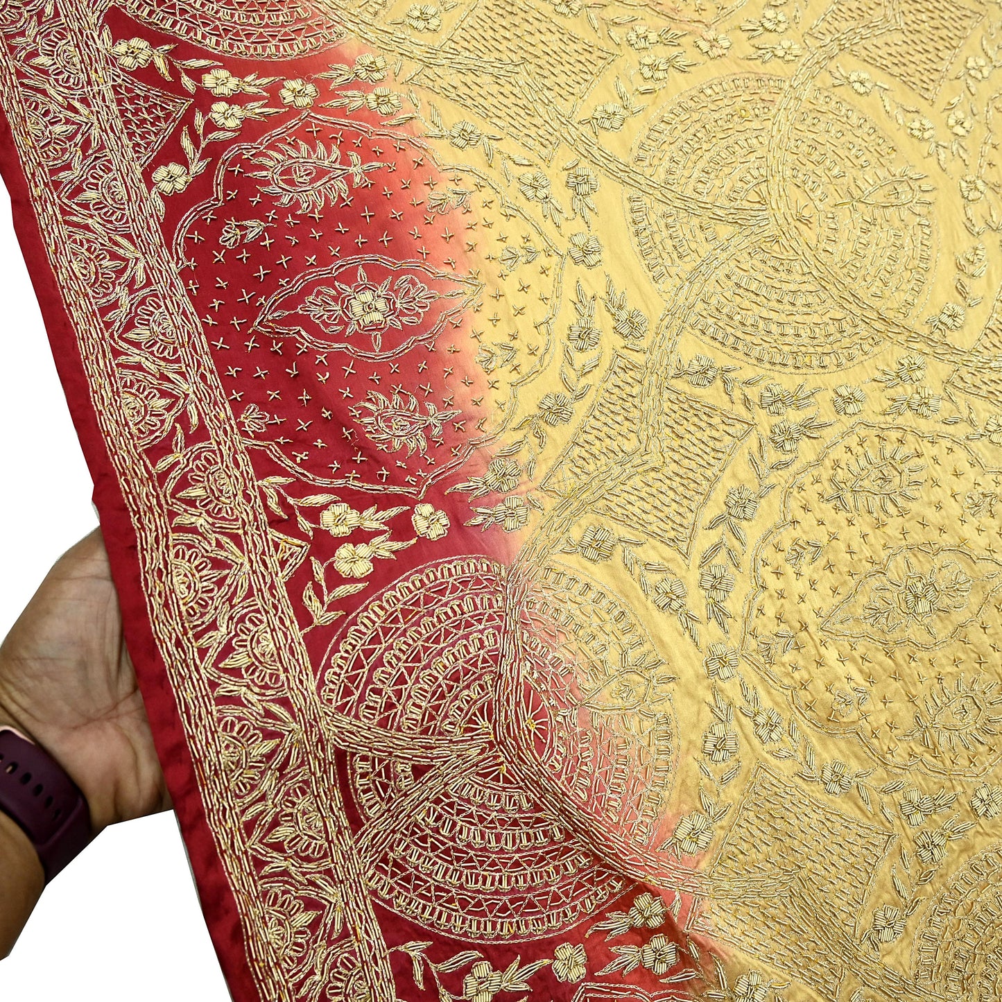 Indian Vintage Heavy Wedding Beige & Red Dupatta Pure Satin Silk Long Stole Hand Embroidered Scarves Golden Zardozi Veil