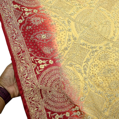Indian Vintage Heavy Wedding Beige & Red Dupatta Pure Satin Silk Long Stole Hand Embroidered Scarves Golden Zardozi Veil