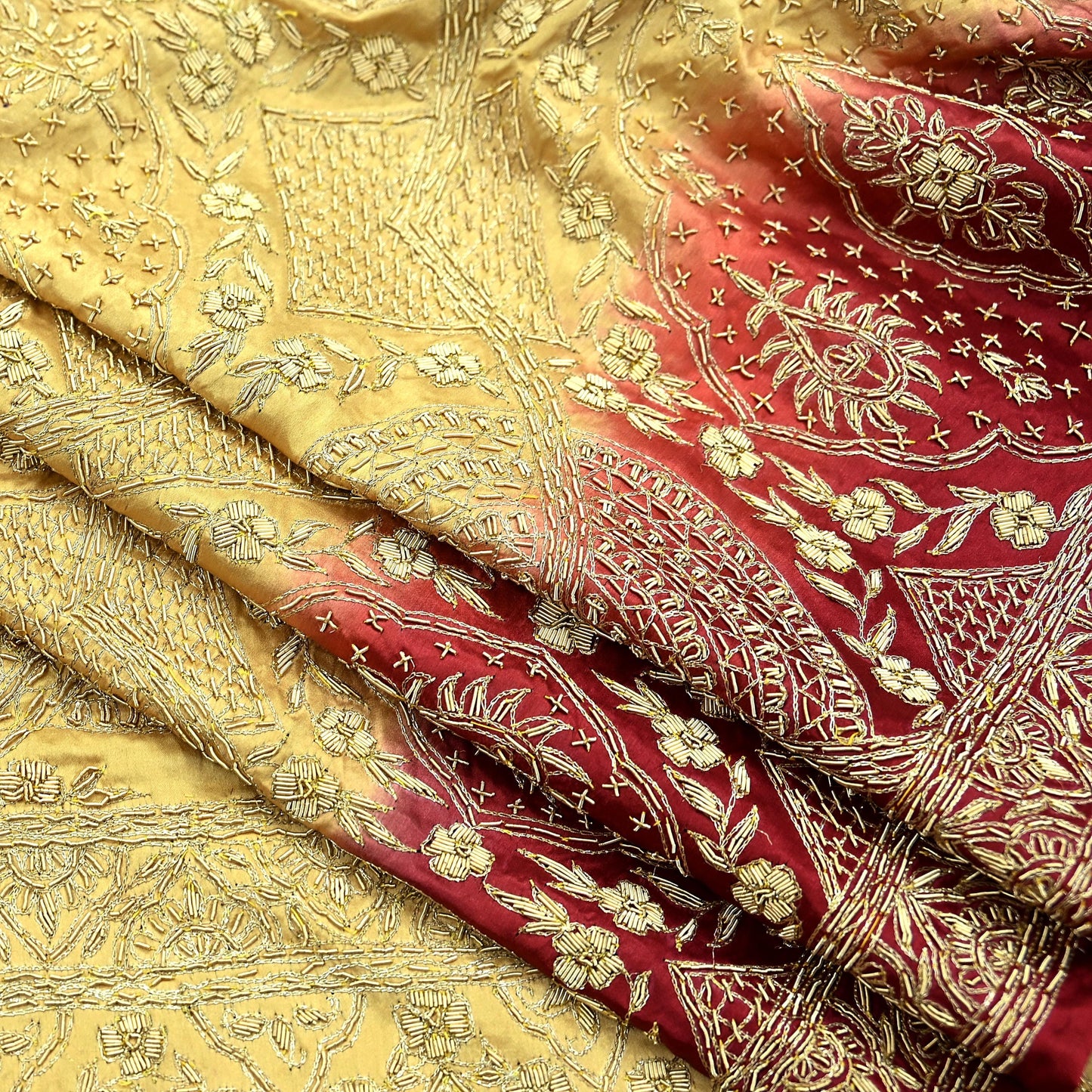 Indian Vintage Heavy Wedding Beige & Red Dupatta Pure Satin Silk Long Stole Hand Embroidered Scarves Golden Zardozi Veil
