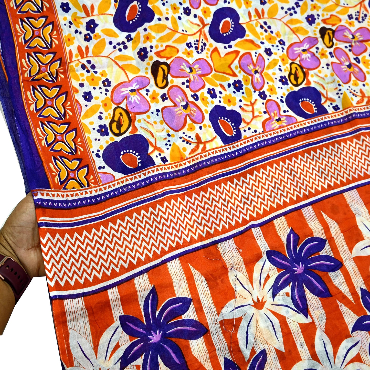 Indian Vintage Sari Orange & White Printed Pure Cotton Saree Craft Fabric 5Yd Soft Sewing Sarong Wrap Boho Dress making Crafting Quilting