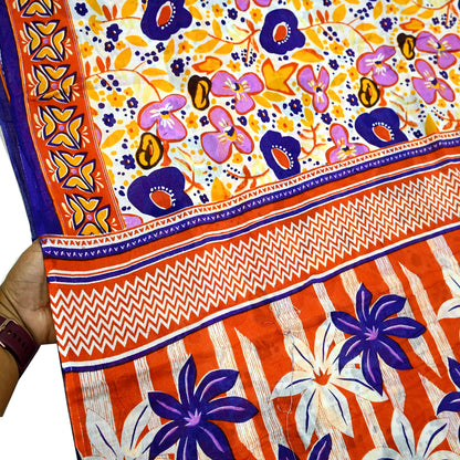 Indian Vintage Sari Orange & White Printed Pure Cotton Saree Craft Fabric 5Yd Soft Sewing Sarong Wrap Boho Dress making Crafting Quilting