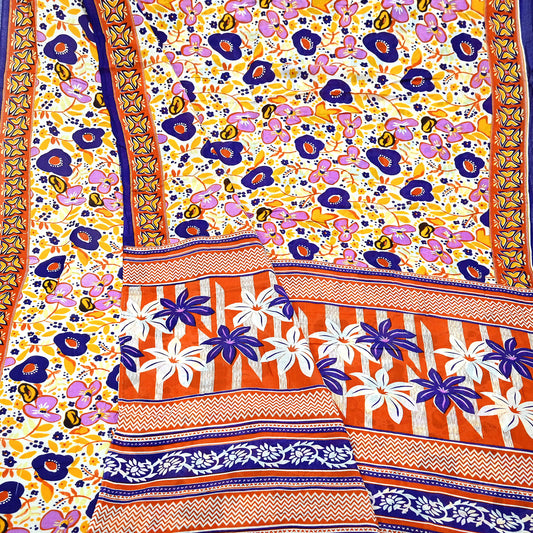 Indian Vintage Sari Orange & White Printed Pure Cotton Saree Craft Fabric 5Yd Soft Sewing Sarong Wrap Boho Dress making Crafting Quilting
