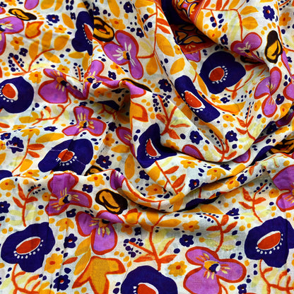 Indian Vintage Sari Orange & White Printed Pure Cotton Saree Craft Fabric 5Yd Soft Sewing Sarong Wrap Boho Dress making Crafting Quilting