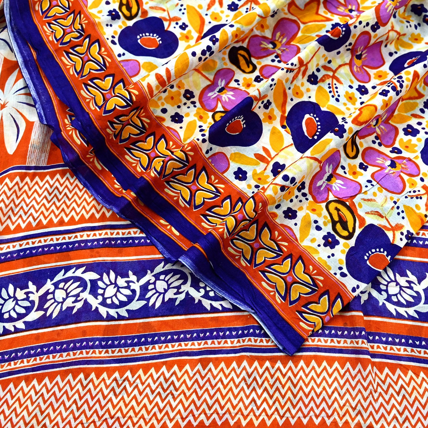 Indian Vintage Sari Orange & White Printed Pure Cotton Saree Craft Fabric 5Yd Soft Sewing Sarong Wrap Boho Dress making Crafting Quilting