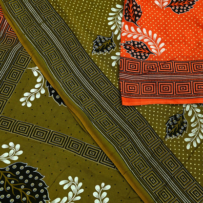 Indian Vintage Sari Green & Orange Printed Pure Cotton Sarees Craft Soft Fabric 5Yd Sewing Sarong Wrap Boho Floral Upcycle Dress making