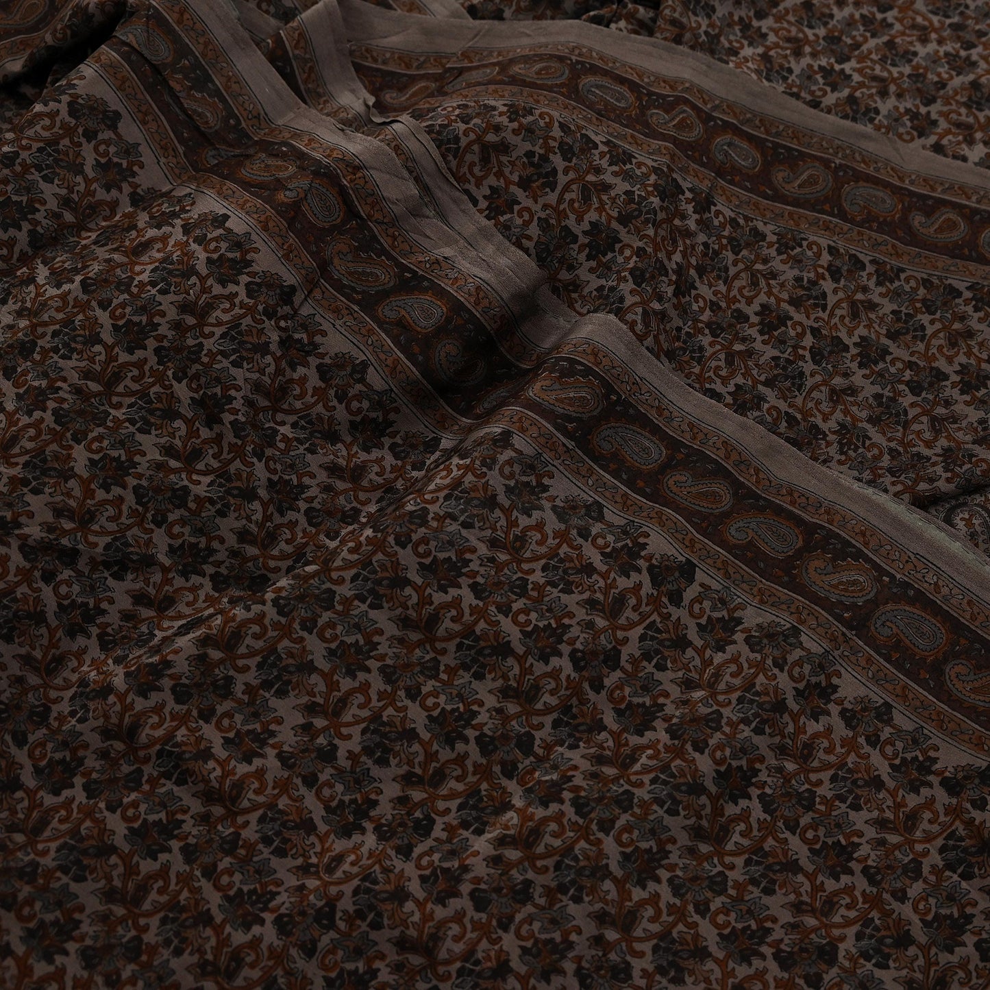 Indian Vintage Brown Saree Pure Crepe Silk Block Printed Sari 5yd Sewing Floral Soft Craft Fabric Wrap Dress Making Crafting Quilting