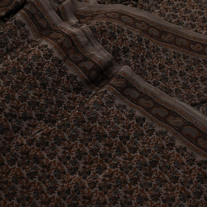 Indian Vintage Brown Saree Pure Crepe Silk Block Printed Sari 5yd Sewing Floral Soft Craft Fabric Wrap Dress Making Crafting Quilting