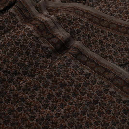 Indian Vintage Brown Saree Pure Crepe Silk Block Printed Sari 5yd Sewing Floral Soft Craft Fabric Wrap Dress Making Crafting Quilting