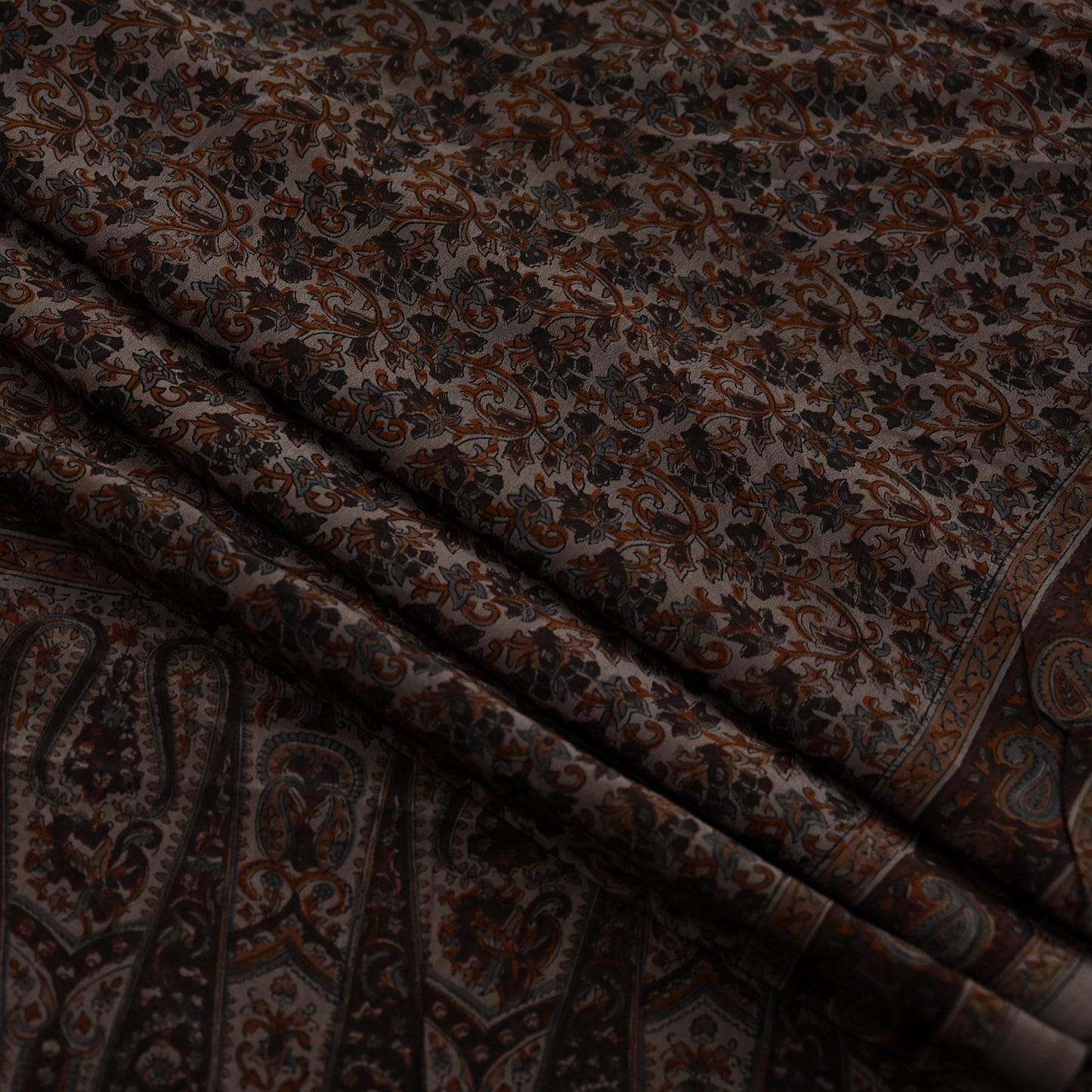 Indian Vintage Brown Saree Pure Crepe Silk Block Printed Sari 5yd Sewing Floral Soft Craft Fabric Wrap Dress Making Crafting Quilting