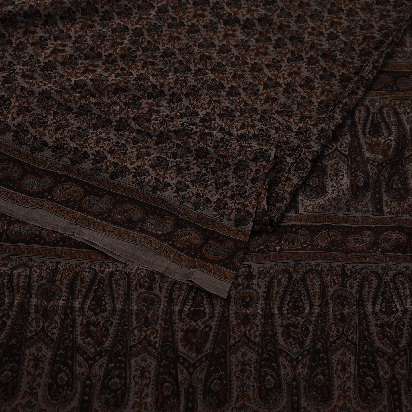 Indian Vintage Brown Saree Pure Crepe Silk Block Printed Sari 5yd Sewing Floral Soft Craft Fabric Wrap Dress Making Crafting Quilting